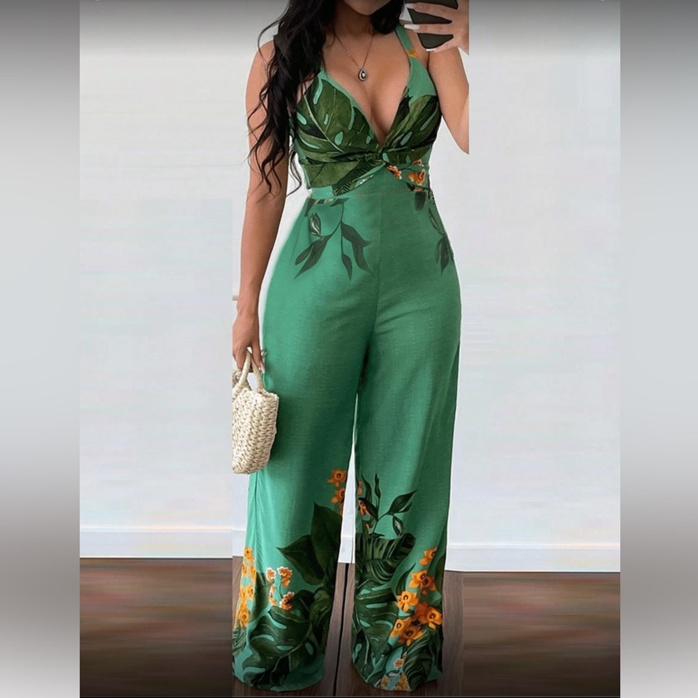 Tropical Green Twist-Front Wide-Leg Jumpsuit - Picture 2 of 8